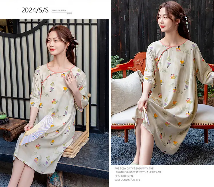New Chinese Style Cotton Silk Nightgown Summer Thin Mid-Sleeve Dress — feature 15