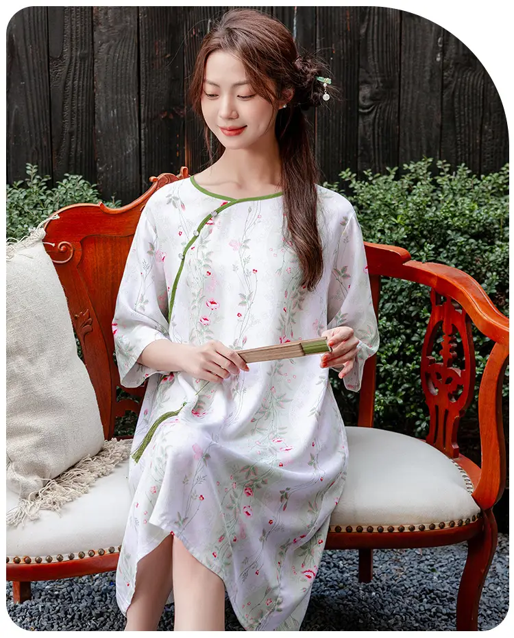 New Chinese Style Cotton Silk Nightgown Summer Thin Mid-Sleeve Dress — feature 16