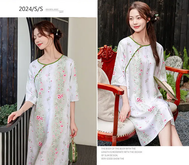 New Chinese Style Cotton Silk Nightgown Summer Thin Mid-Sleeve Dress — feature 17
