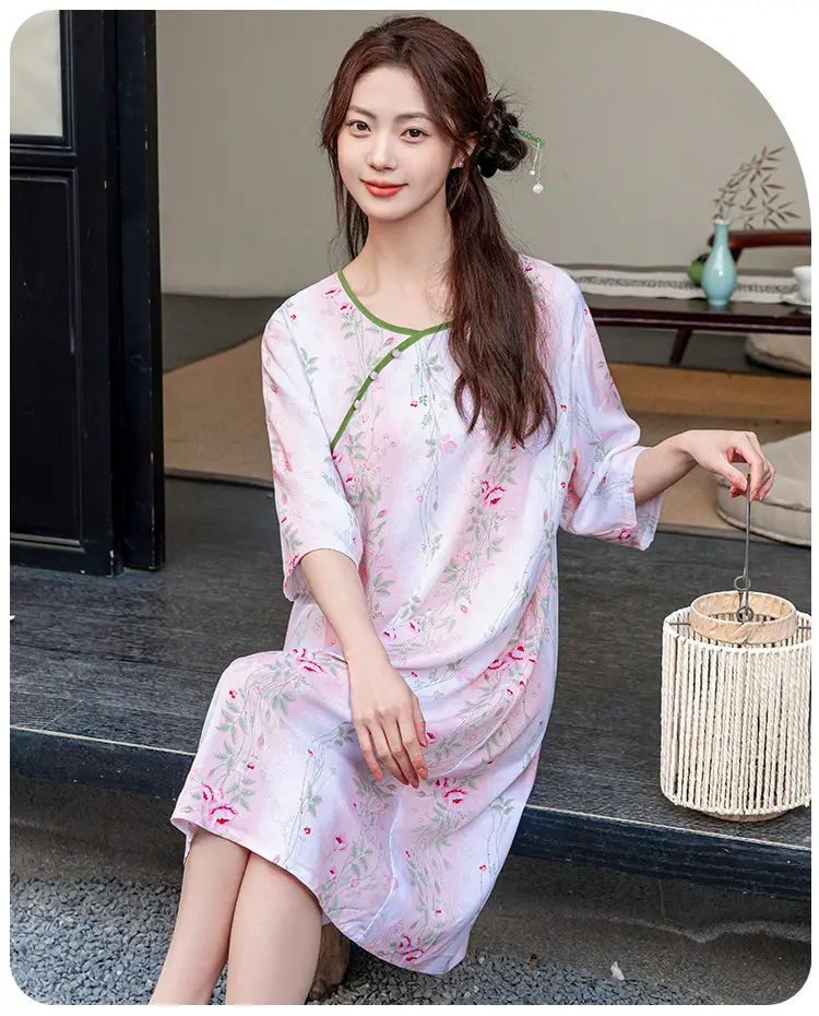 New Chinese Style Cotton Silk Nightgown Summer Thin Mid-Sleeve Dress — feature 18