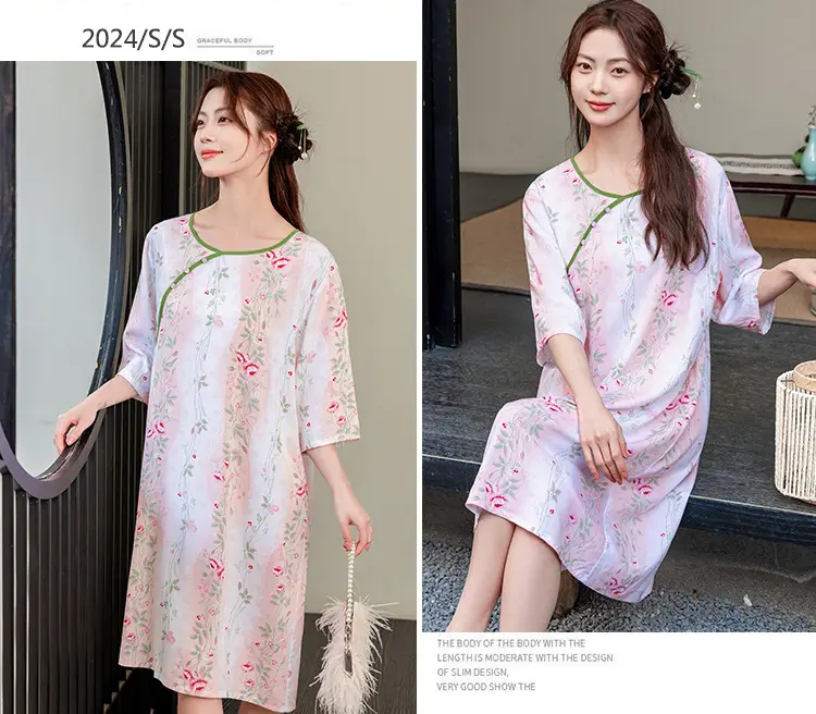 New Chinese Style Cotton Silk Nightgown Summer Thin Mid-Sleeve Dress — feature 19