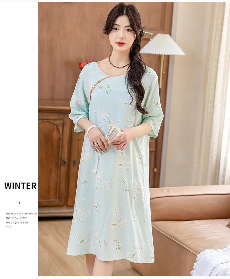 New Chinese Style Cotton Silk Nightgown Summer Thin Mid-Sleeve Dress — feature 2