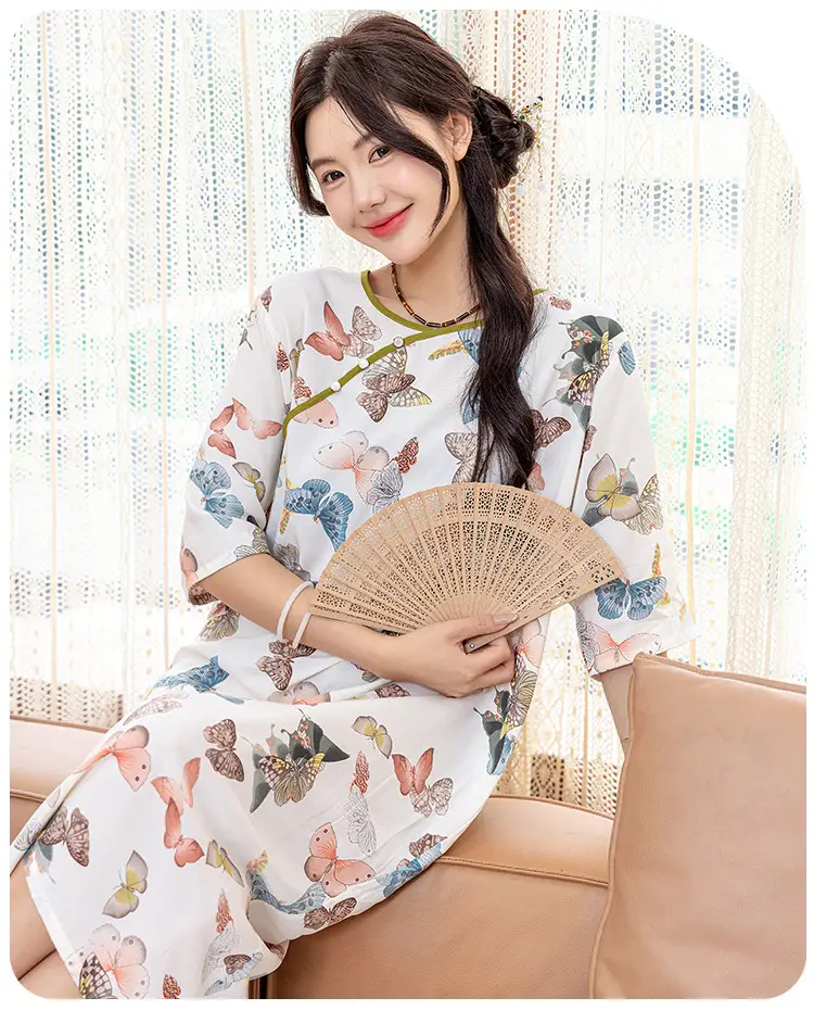New Chinese Style Cotton Silk Nightgown Summer Thin Mid-Sleeve Dress — feature 20