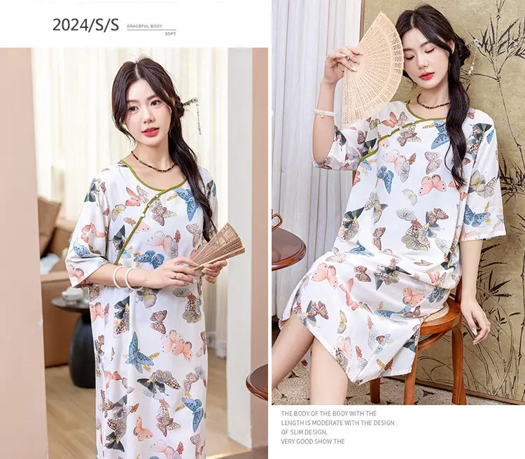 New Chinese Style Cotton Silk Nightgown Summer Thin Mid-Sleeve Dress — feature 21