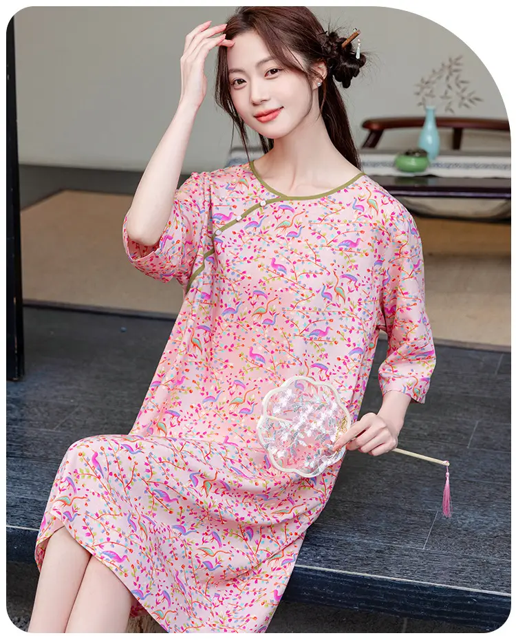 New Chinese Style Cotton Silk Nightgown Summer Thin Mid-Sleeve Dress — feature 22