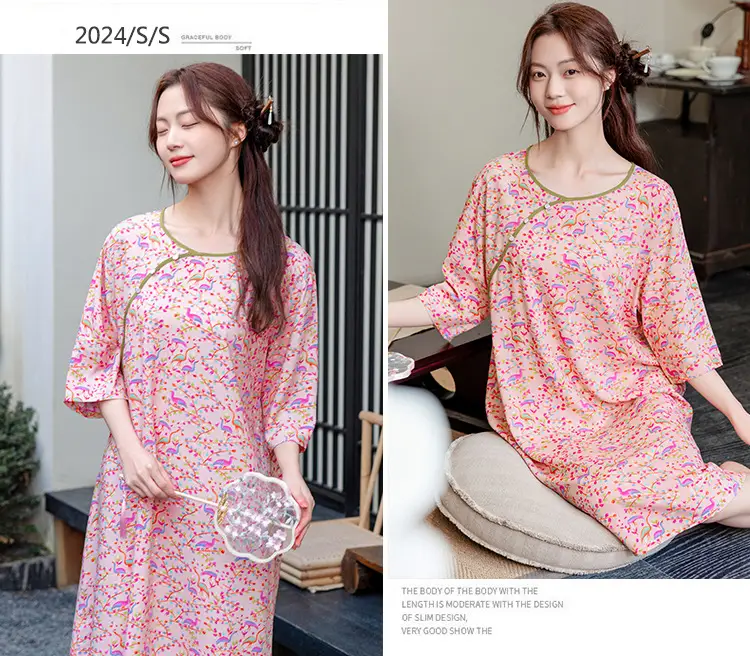 New Chinese Style Cotton Silk Nightgown Summer Thin Mid-Sleeve Dress — feature 23
