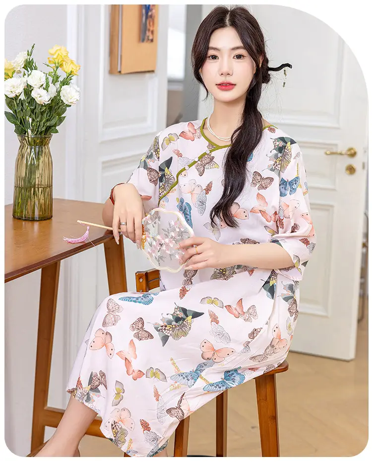 New Chinese Style Cotton Silk Nightgown Summer Thin Mid-Sleeve Dress — feature 24