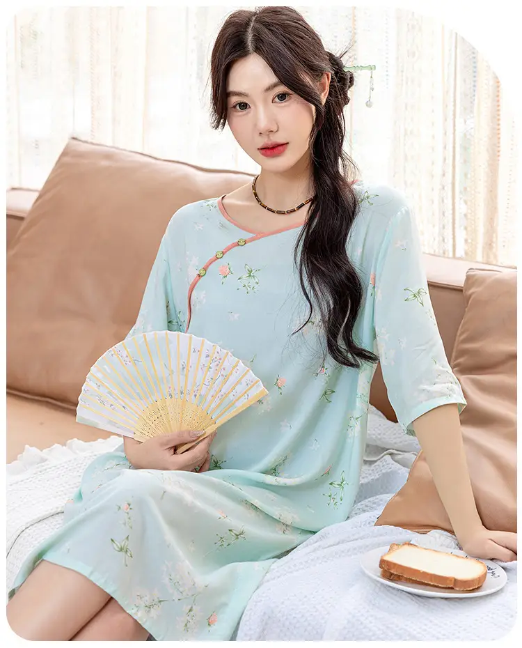 New Chinese Style Cotton Silk Nightgown Summer Thin Mid-Sleeve Dress — feature 3