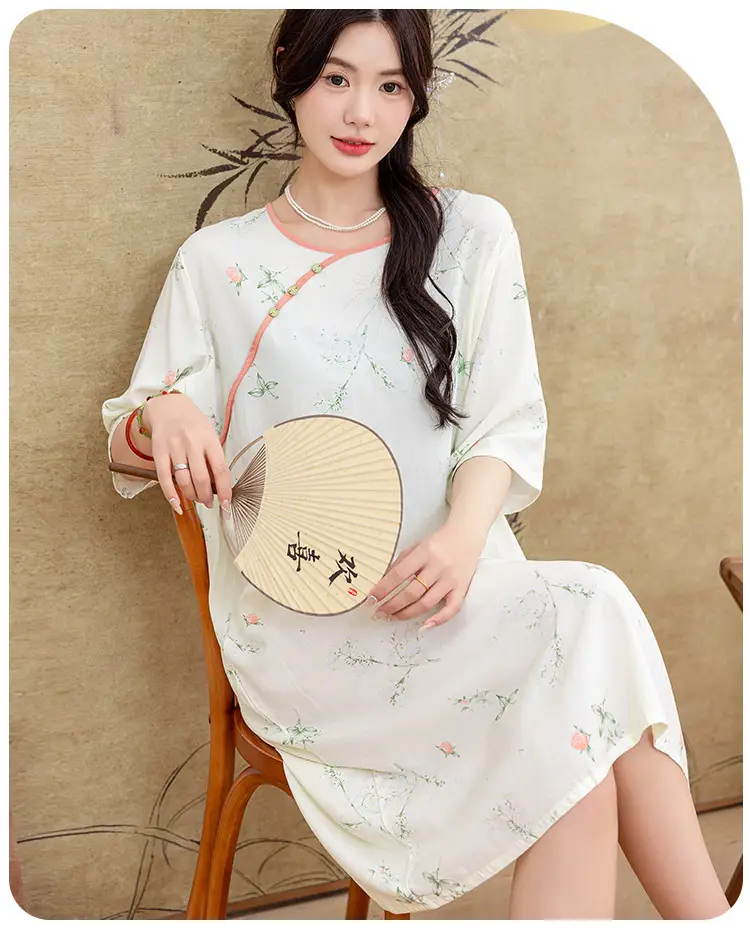 New Chinese Style Cotton Silk Nightgown Summer Thin Mid-Sleeve Dress — feature 8