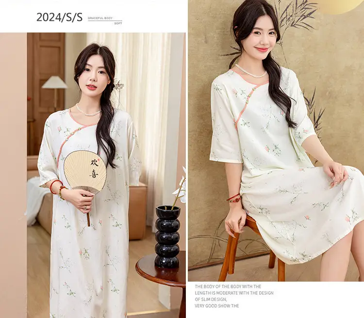 New Chinese Style Cotton Silk Nightgown Summer Thin Mid-Sleeve Dress — feature 9