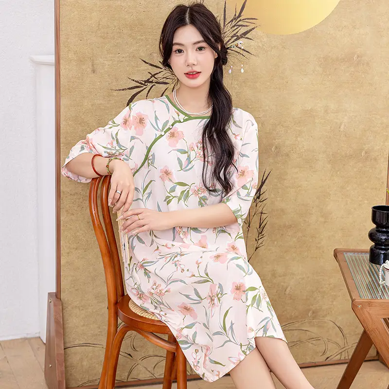 New Chinese Style Cotton Silk Nightgown Summer Thin Mid-Sleeve Dress - Image 4