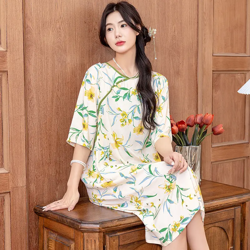 New Chinese Style Cotton Silk Nightgown Summer Thin Mid-Sleeve Dress - Image 5