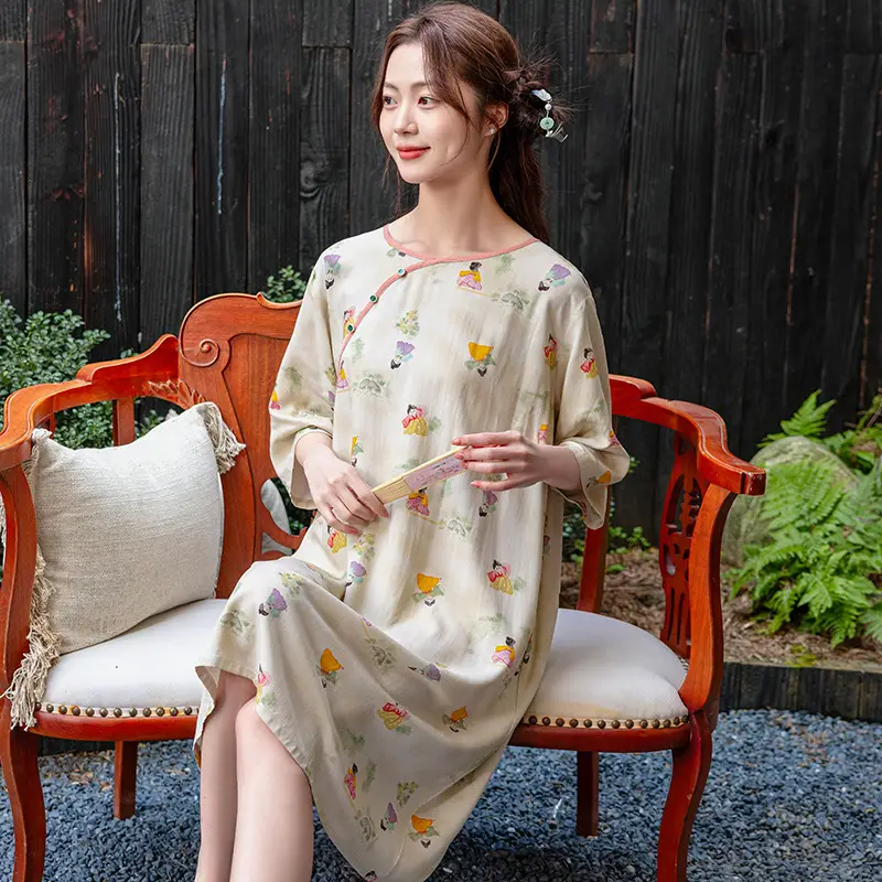 New Chinese Style Cotton Silk Nightgown Summer Thin Mid-Sleeve Dress - Image 6