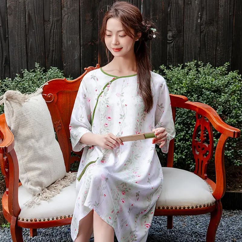 New Chinese Style Cotton Silk Nightgown Summer Thin Mid-Sleeve Dress - Image 7