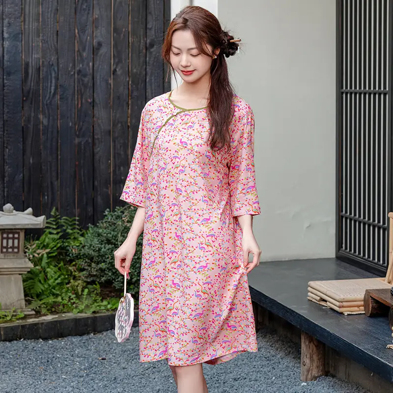 New Chinese Style Cotton Silk Nightgown Summer Thin Mid-Sleeve Dress - Image 8