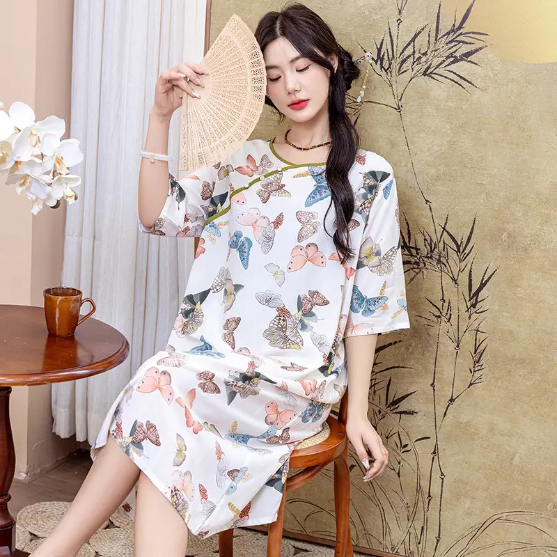New Chinese Style Cotton Silk Nightgown Summer Thin Mid-Sleeve Dress - Image 9