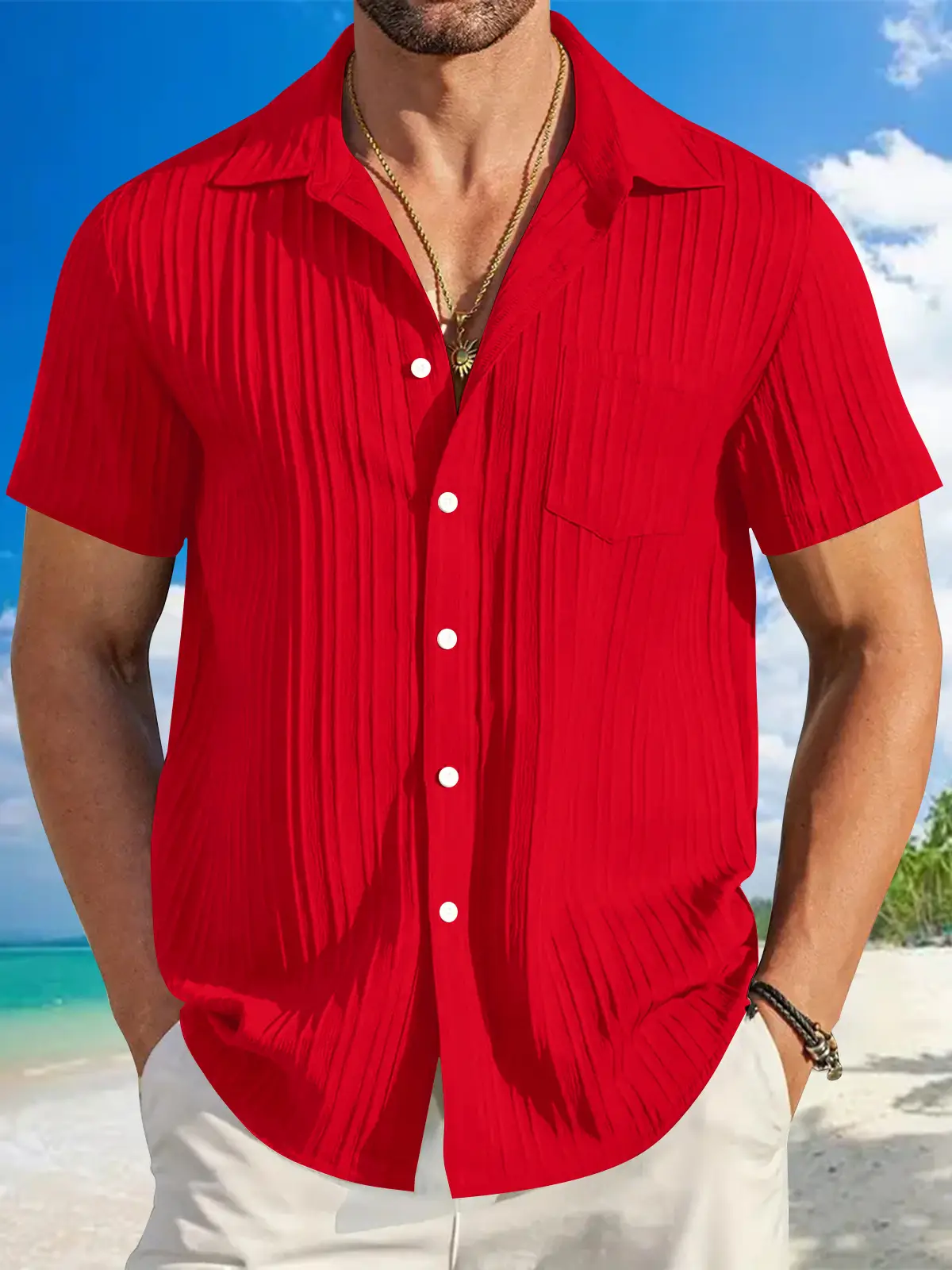Men Blue Striped Short Sleeve Button Down Shirt — feature 6