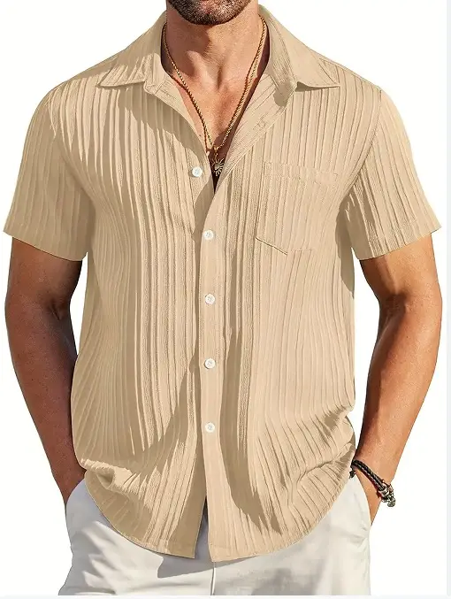 Men Blue Striped Short Sleeve Button Down Shirt - Image 12