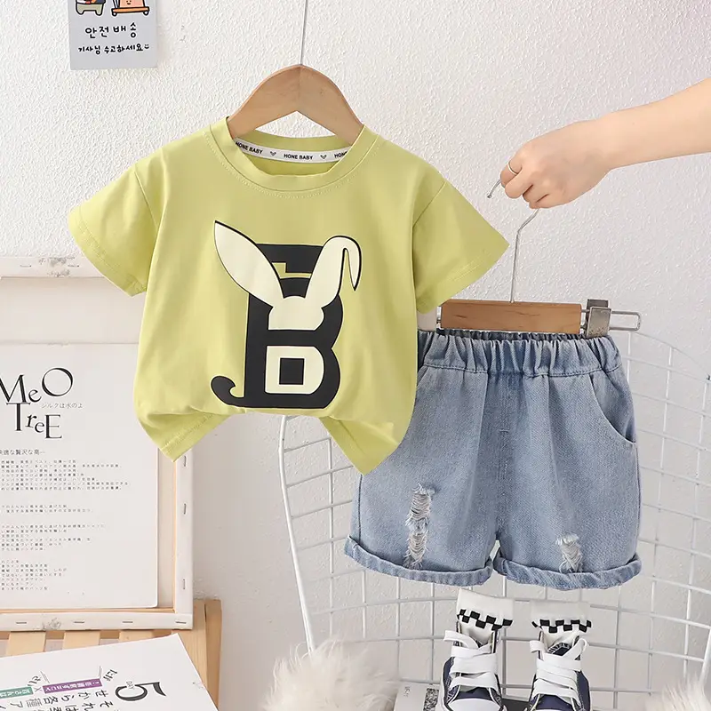 2024 Boys Summer T-Shirt Shorts Set Orange Blue - Image 2
