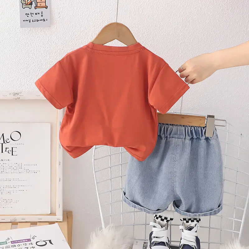 2024 Boys Summer T-Shirt Shorts Set Orange Blue - Image 4