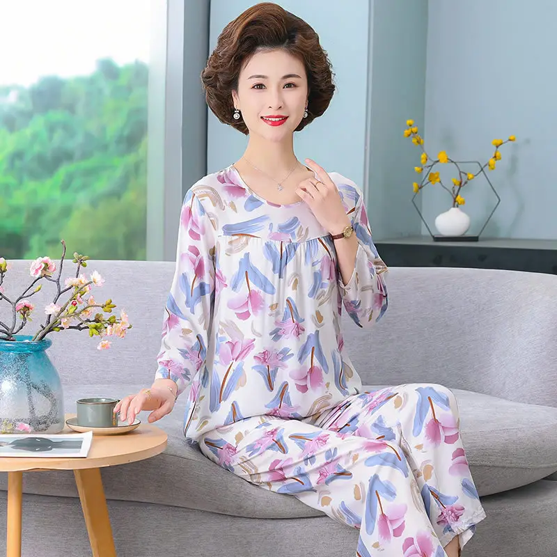 Women's Pajamas 2026 New Spring and Summer Cotton Silk Pullover Long-Sleeve Cool Thin Round-Neck for Middle-Aged and Elderly Mothers
