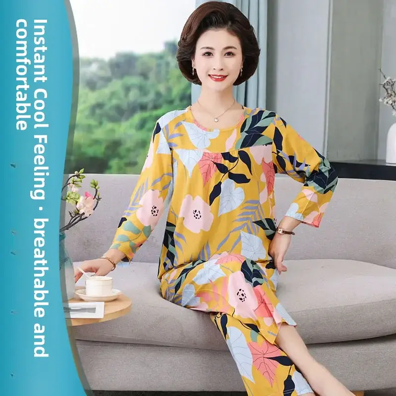 Women's Pajamas 2026 New Spring and Summer Cotton Silk Pullover Long-Sleeve Cool Thin Round-Neck for Middle-Aged and Elderly Mothers