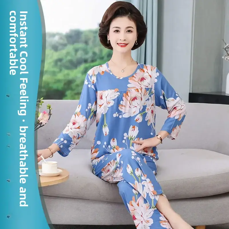 Women's Pajamas 2026 New Spring and Summer Cotton Silk Pullover Long-Sleeve Cool Thin Round-Neck for Middle-Aged and Elderly Mothers