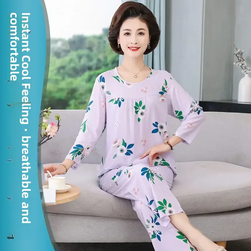 Women's Pajamas 2026 New Spring and Summer Cotton Silk Pullover Long-Sleeve Cool Thin Round-Neck for Middle-Aged and Elderly Mothers