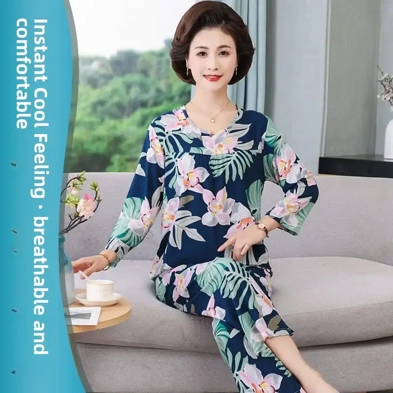 Women's Pajamas 2026 New Spring and Summer Cotton Silk Pullover Long-Sleeve Cool Thin Round-Neck for Middle-Aged and Elderly Mothers