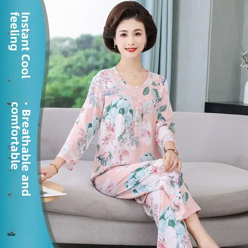 Women's Pajamas 2026 New Spring and Summer Cotton Silk Pullover Long-Sleeve Cool Thin Round-Neck for Middle-Aged and Elderly Mothers