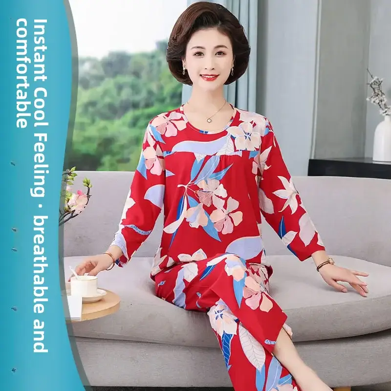 Women's Pajamas 2026 New Spring and Summer Cotton Silk Pullover Long-Sleeve Cool Thin Round-Neck for Middle-Aged and Elderly Mothers