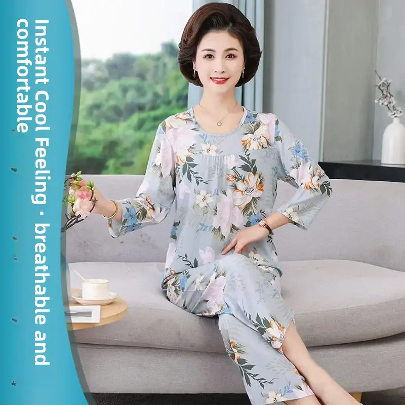 Women's Pajamas 2026 New Spring and Summer Cotton Silk Pullover Long-Sleeve Cool Thin Round-Neck for Middle-Aged and Elderly Mothers