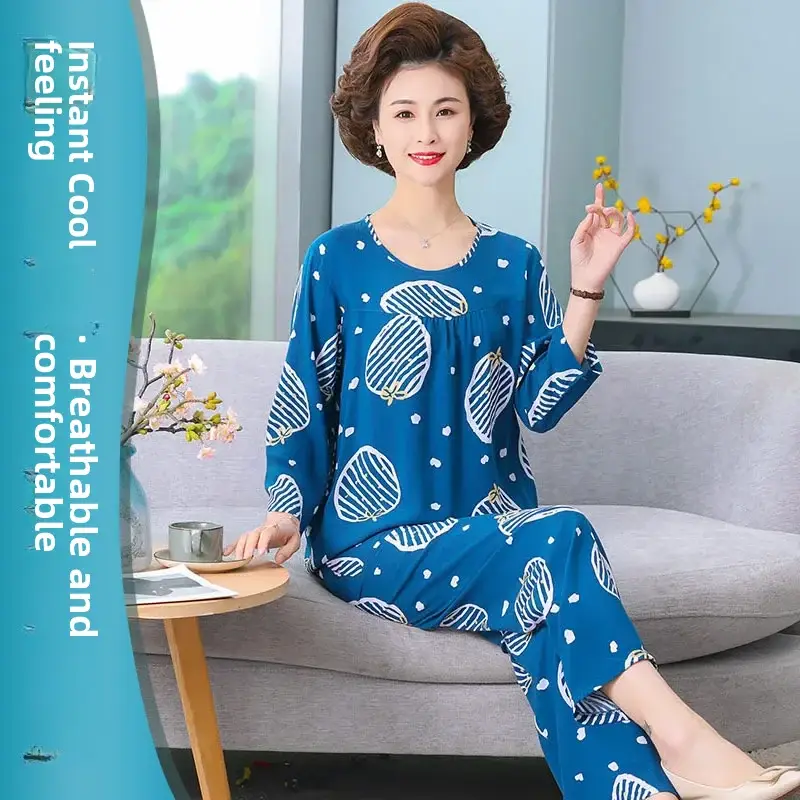 Women's Pajamas 2026 New Spring and Summer Cotton Silk Pullover Long-Sleeve Cool Thin Round-Neck for Middle-Aged and Elderly Mothers