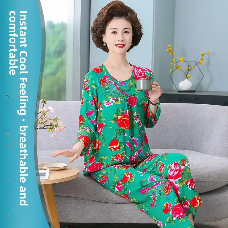Women's Pajamas 2026 New Spring and Summer Cotton Silk Pullover Long-Sleeve Cool Thin Round-Neck for Middle-Aged and Elderly Mothers
