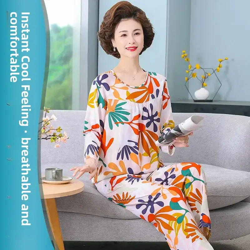 Women's Pajamas 2026 New Spring and Summer Cotton Silk Pullover Long-Sleeve Cool Thin Round-Neck for Middle-Aged and Elderly Mothers
