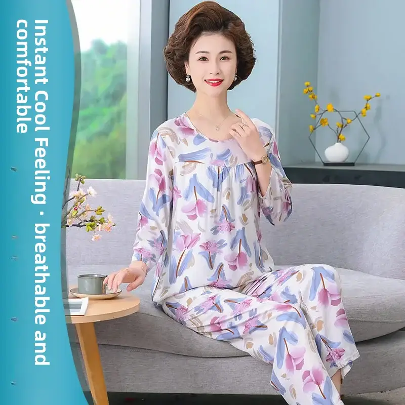 Women's Pajamas 2026 New Spring and Summer Cotton Silk Pullover Long-Sleeve Cool Thin Round-Neck for Middle-Aged and Elderly Mothers