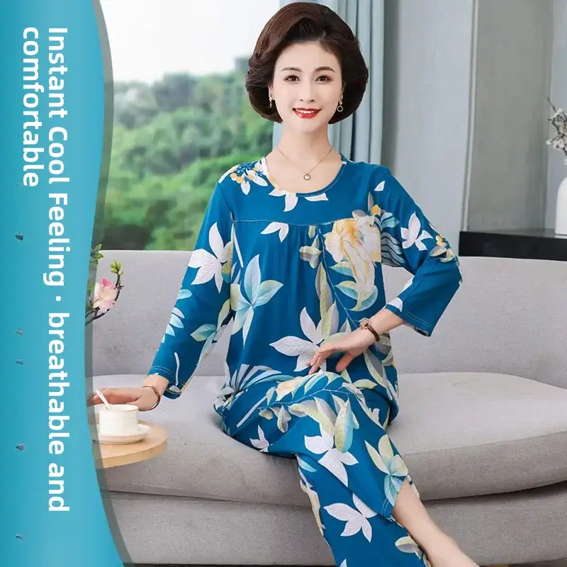 Women's Pajamas 2026 New Spring and Summer Cotton Silk Pullover Long-Sleeve Cool Thin Round-Neck for Middle-Aged and Elderly Mothers