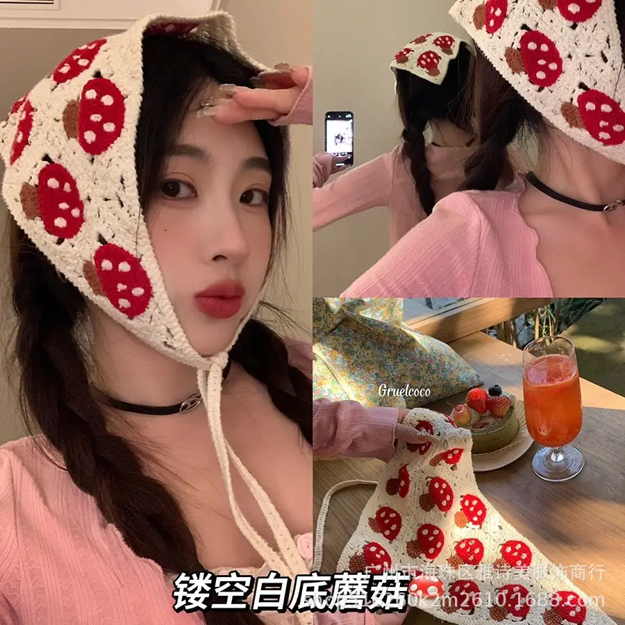 Summer Korean Style Sweet Hair Belt Photo Spice Girl Pastoral Style Hair Ornaments Floral Knitted Soft Girl Vintage Triangle Scarf Women — feature 1