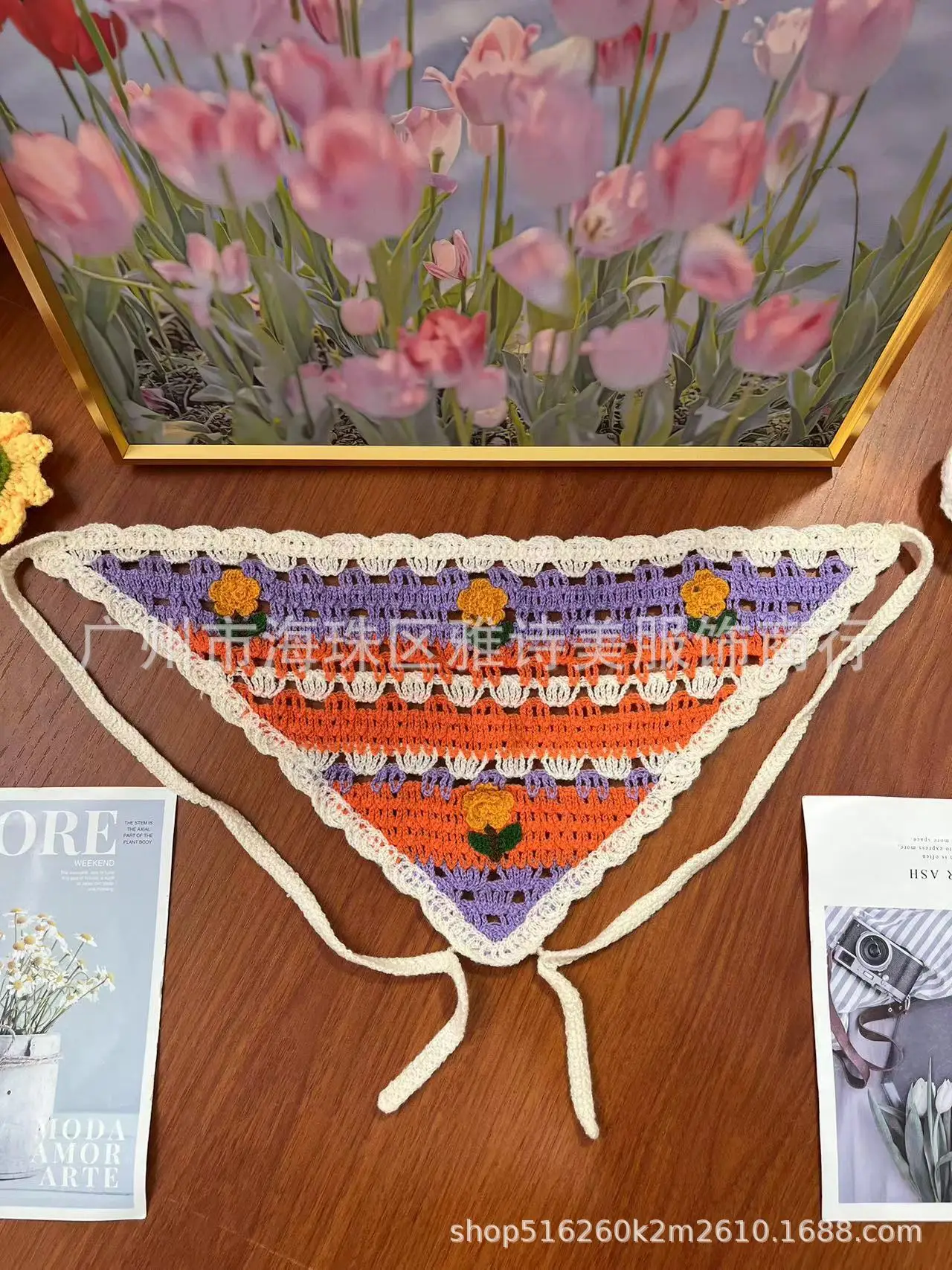 Summer Korean Style Sweet Hair Belt Photo Spice Girl Pastoral Style Hair Ornaments Floral Knitted Soft Girl Vintage Triangle Scarf Women - Image 109