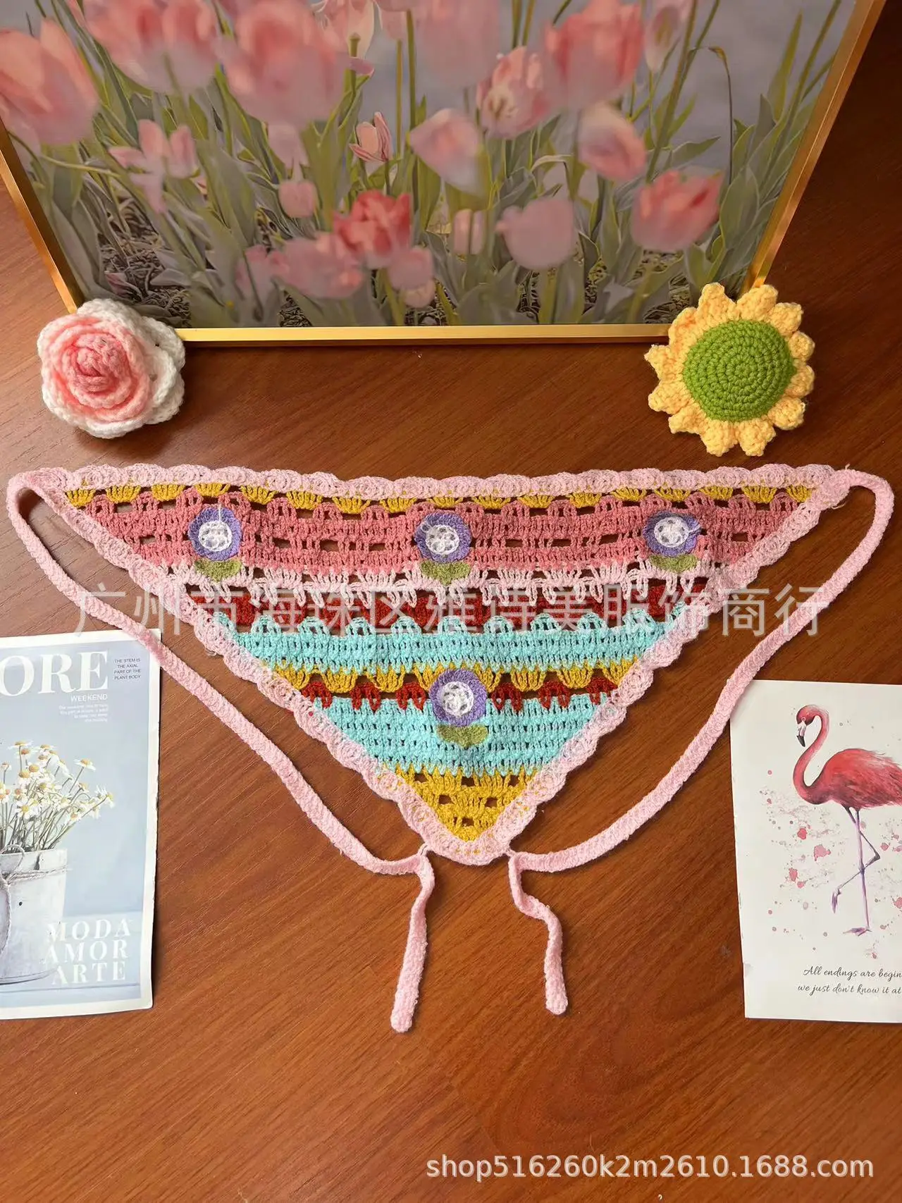 Summer Korean Style Sweet Hair Belt Photo Spice Girl Pastoral Style Hair Ornaments Floral Knitted Soft Girl Vintage Triangle Scarf Women - Image 114