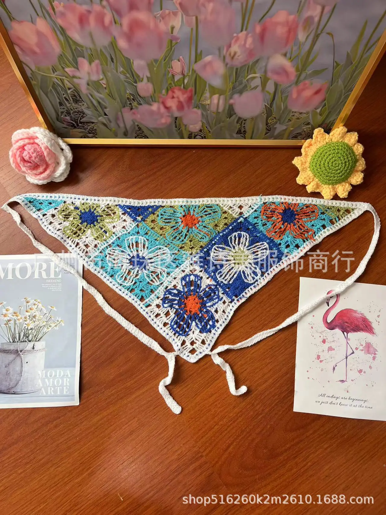 Summer Korean Style Sweet Hair Belt Photo Spice Girl Pastoral Style Hair Ornaments Floral Knitted Soft Girl Vintage Triangle Scarf Women - Image 119