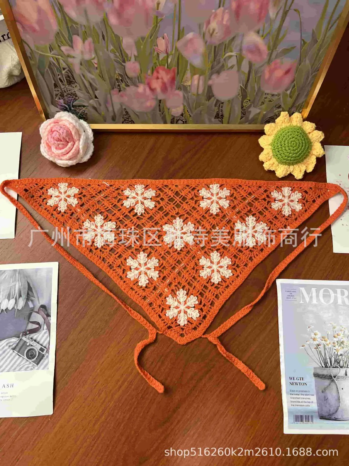 Summer Korean Style Sweet Hair Belt Photo Spice Girl Pastoral Style Hair Ornaments Floral Knitted Soft Girl Vintage Triangle Scarf Women - Image 129