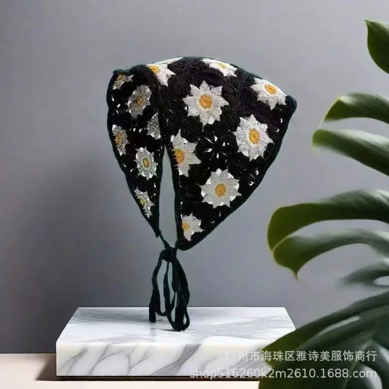 Summer Korean Style Sweet Hair Belt Photo Spice Girl Pastoral Style Hair Ornaments Floral Knitted Soft Girl Vintage Triangle Scarf Women - Image 4