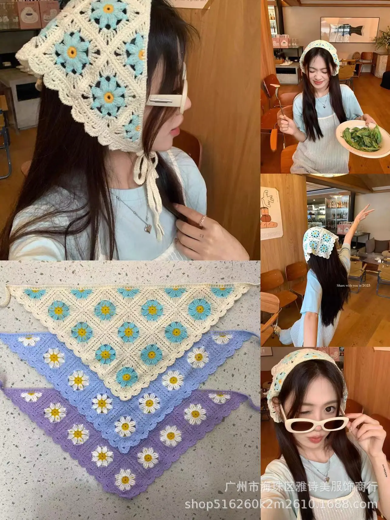 Summer Korean Style Sweet Hair Belt Photo Spice Girl Pastoral Style Hair Ornaments Floral Knitted Soft Girl Vintage Triangle Scarf Women - Image 51