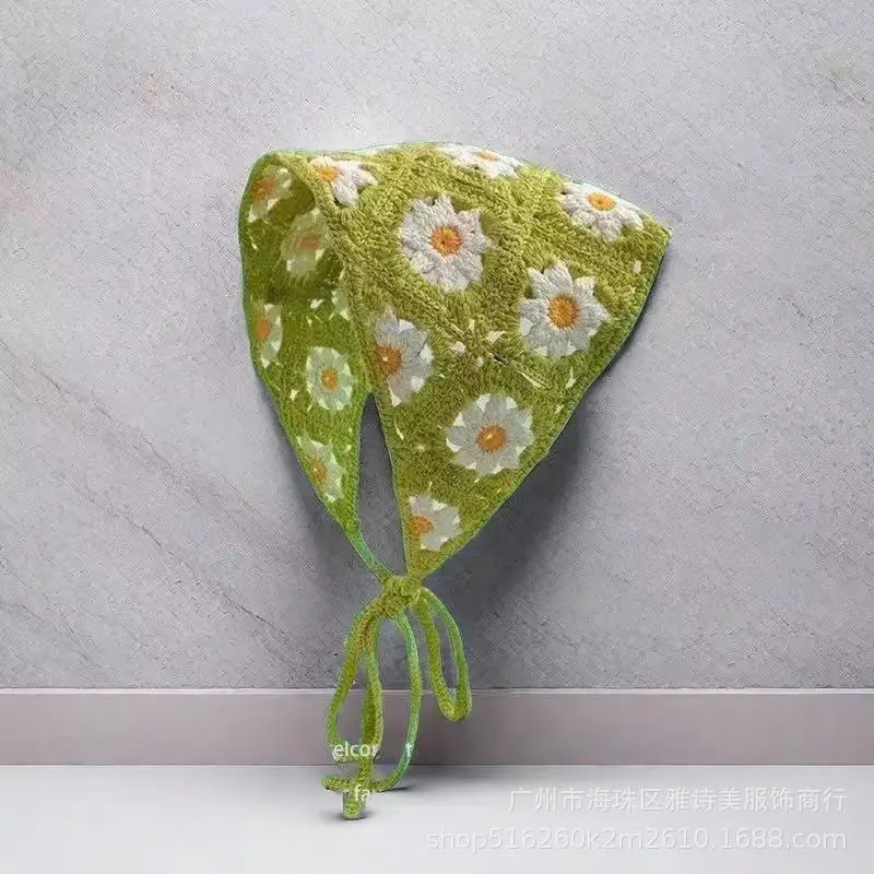 Summer Korean Style Sweet Hair Belt Photo Spice Girl Pastoral Style Hair Ornaments Floral Knitted Soft Girl Vintage Triangle Scarf Women - Image 8