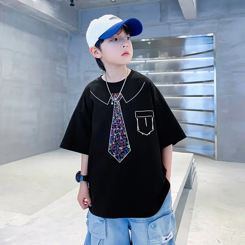 Boys Cotton T-Shirt Black with Printed Neckline & Pocket - Image 5