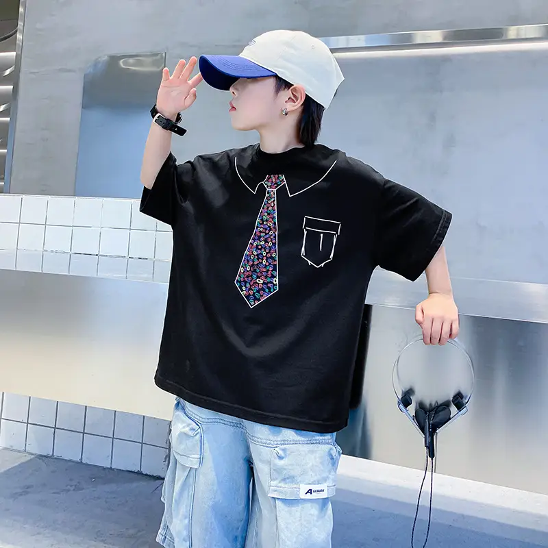 Boys Cotton T-Shirt Black with Printed Neckline & Pocket - Image 6