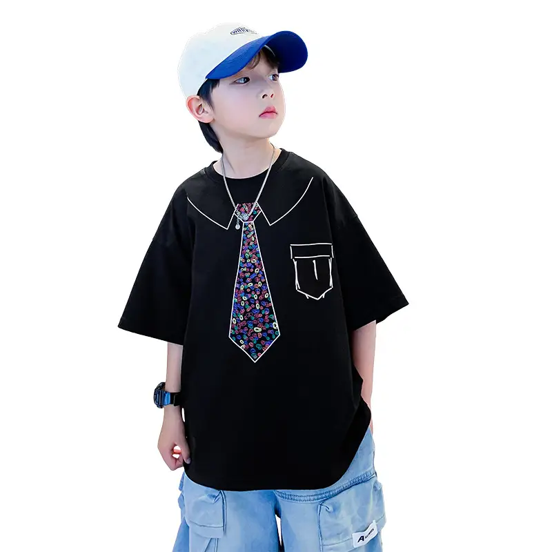 Boys Cotton T-Shirt Black with Printed Neckline & Pocket - Image 7