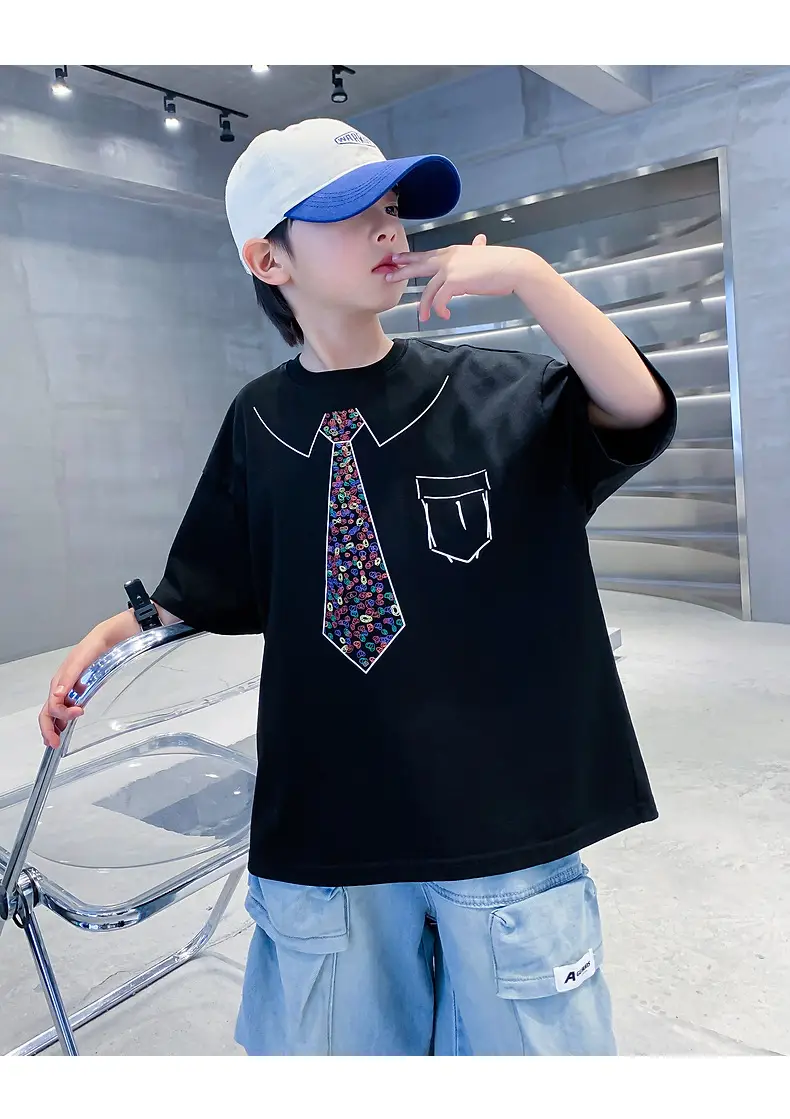 Boys Cotton T-Shirt Black with Printed Neckline & Pocket — feature 13