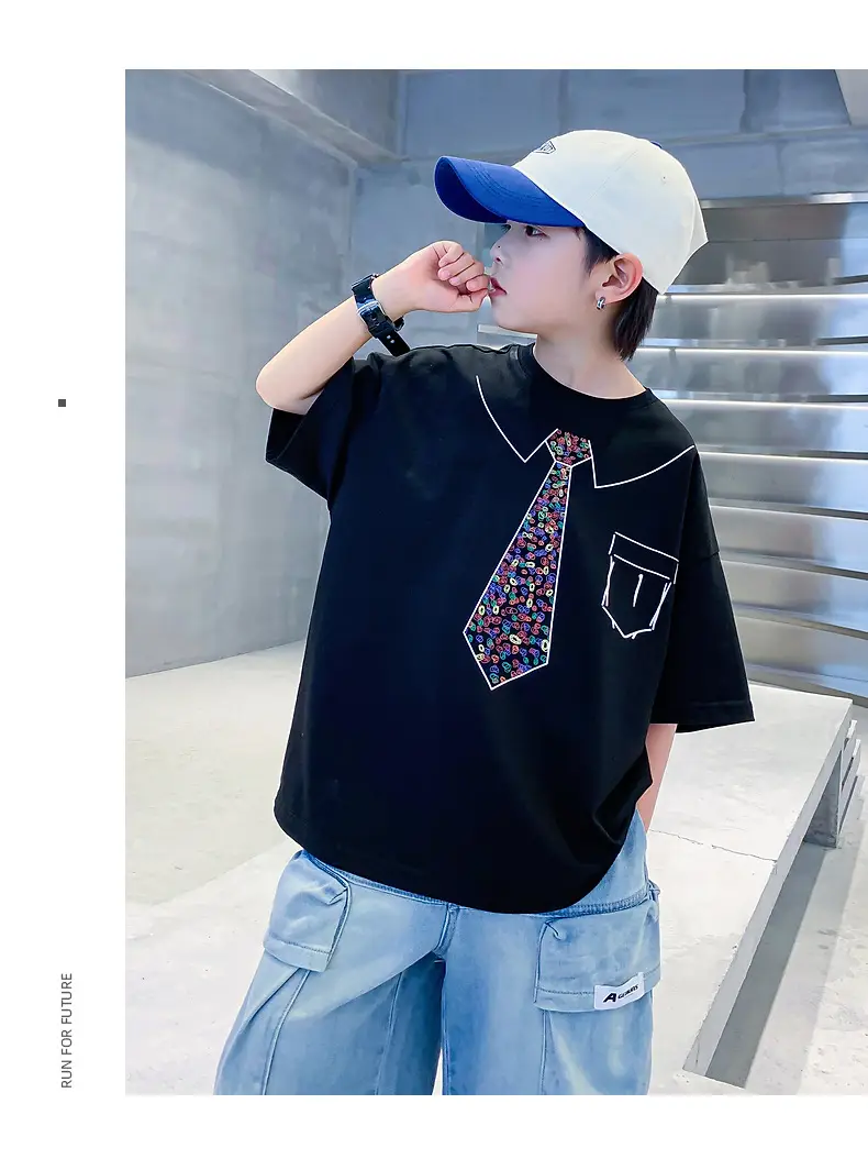 Boys Cotton T-Shirt Black with Printed Neckline & Pocket — feature 14